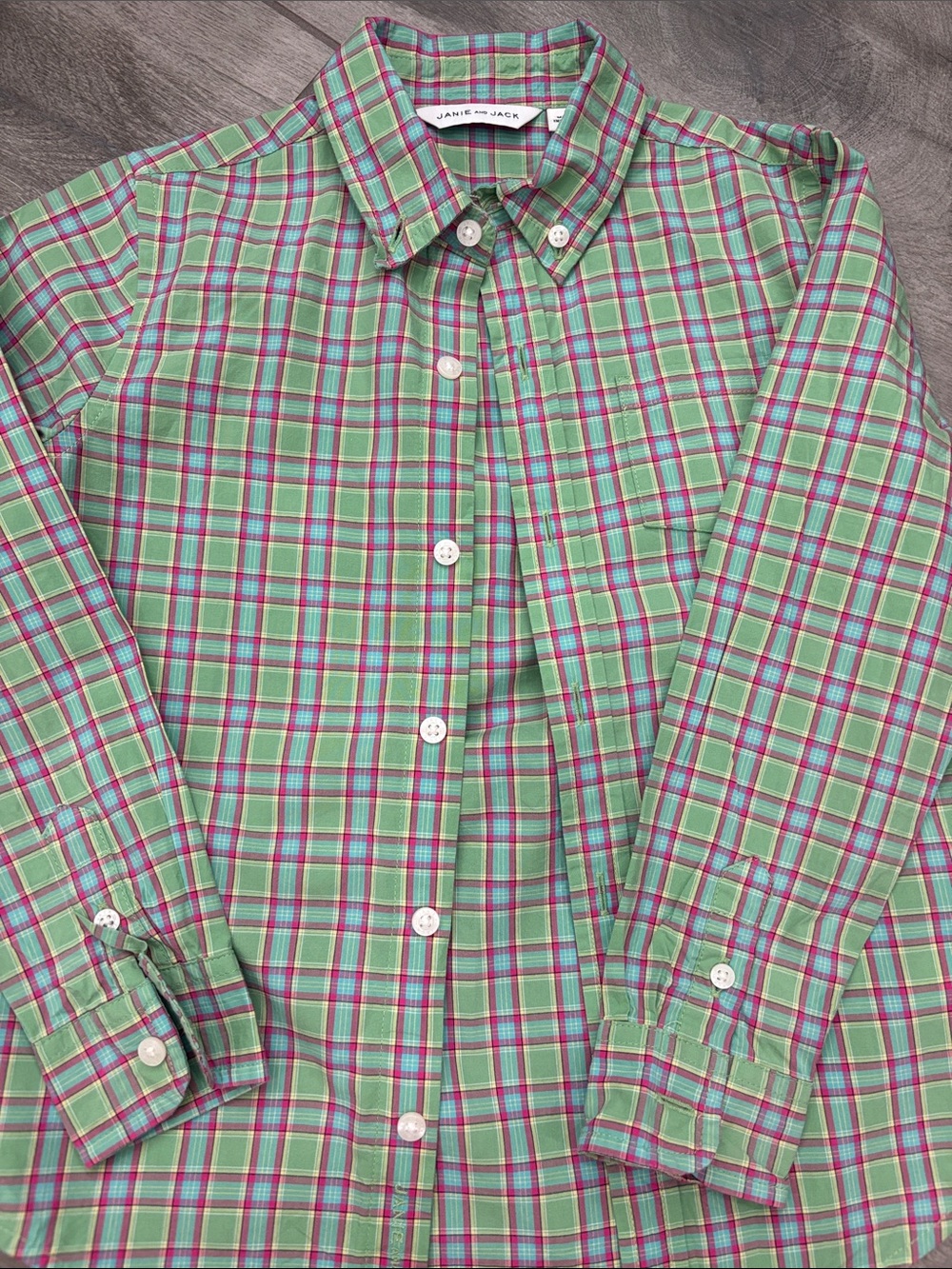 Boys size 5 Janie and Jack Green Plaid Button-Down Shirt